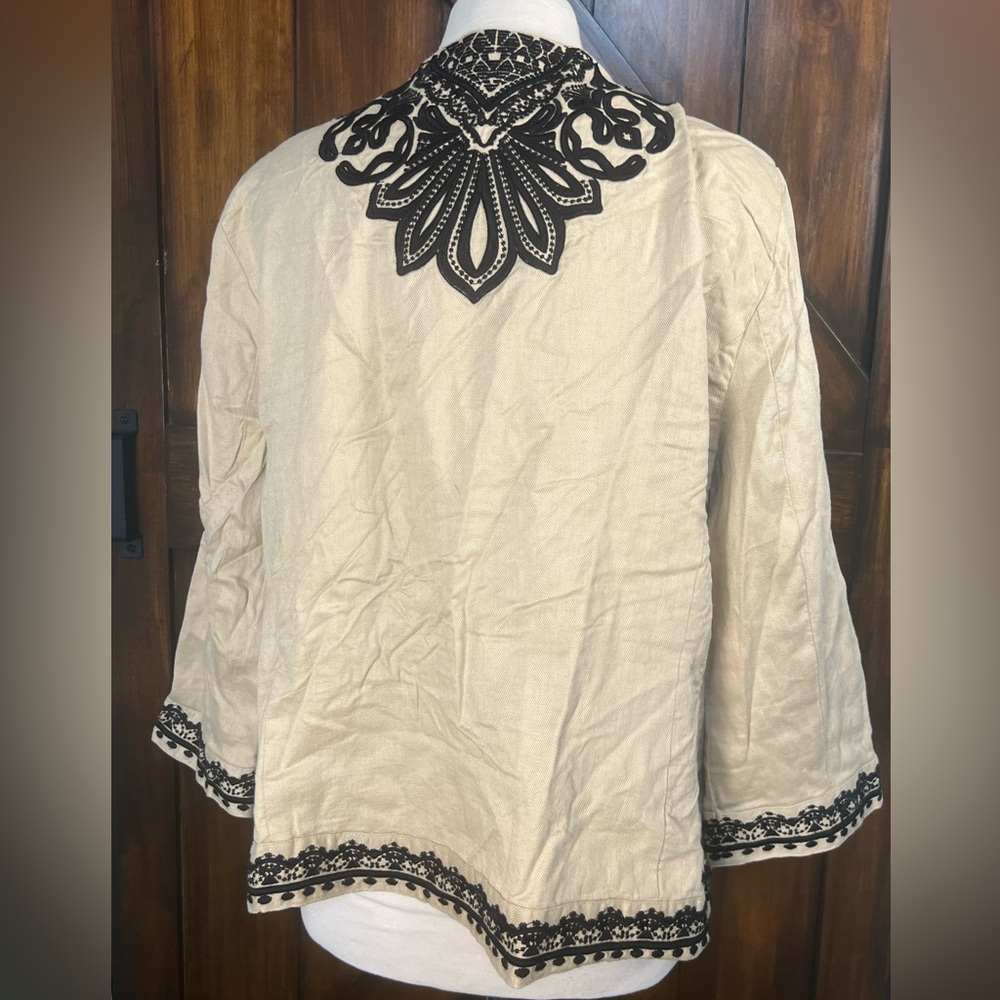 Chico's 3 Linen Cream Embroidered Bohemian Design 3/4 Sleeve Jacket Blazer NWT - Picture 5 of 13
